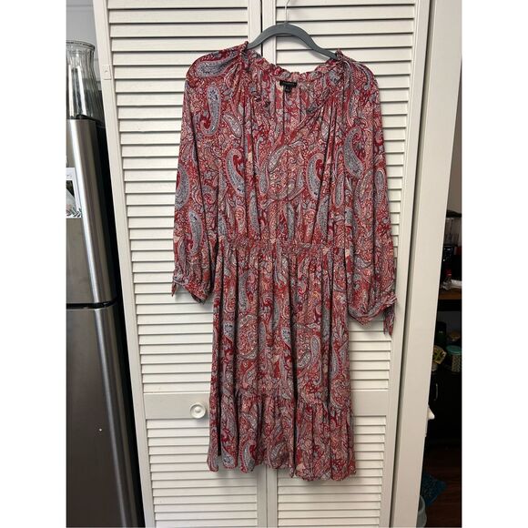 Talbots Split Neck Soft Dress - Sprinkle Paisley Red Ruffle Sleeve, Sz Large - Picture 9 of 10